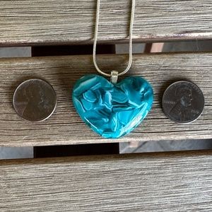 Turquoise glass heart pendant fused glass with sterling silver chain